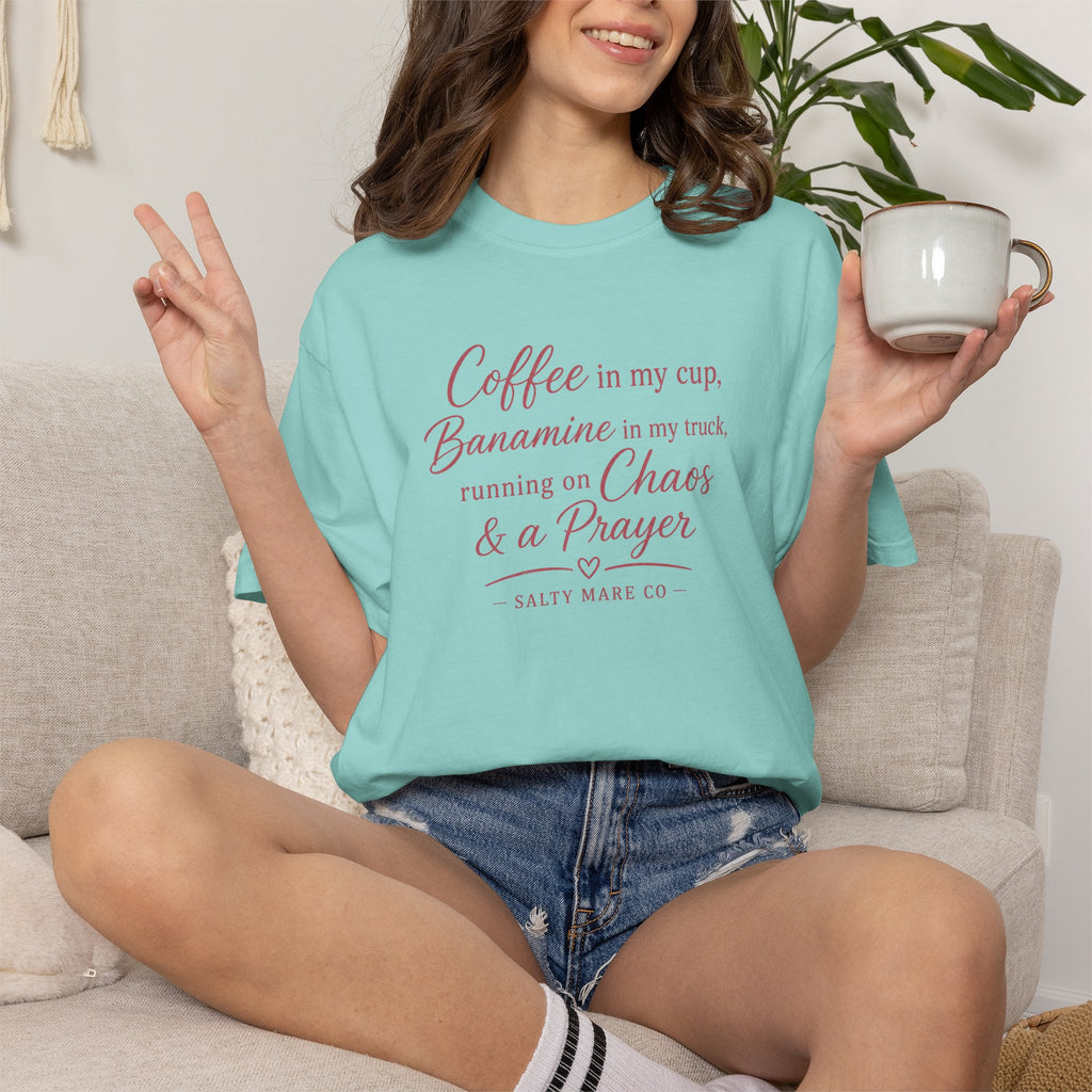 Coffee, Bananamine & Prayer T-Shirt — Funny Mom Chaos Quote Tee