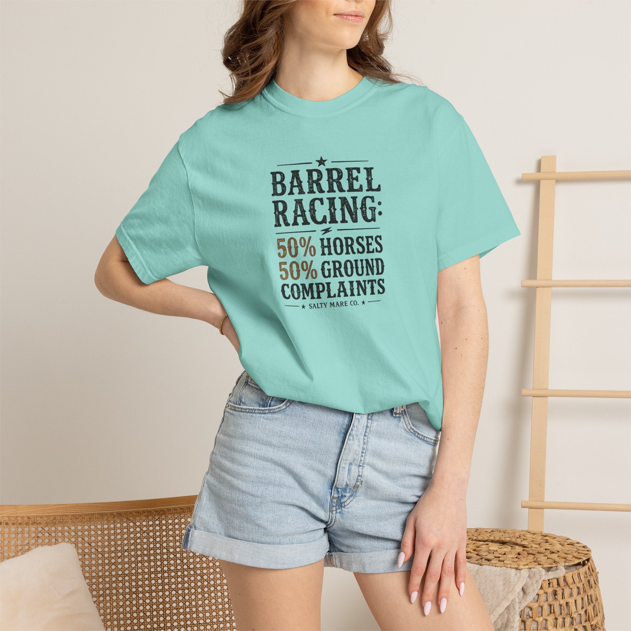 "50% Horses, 50% Ground Complaints" Funny Barrel Racing T-Shirt