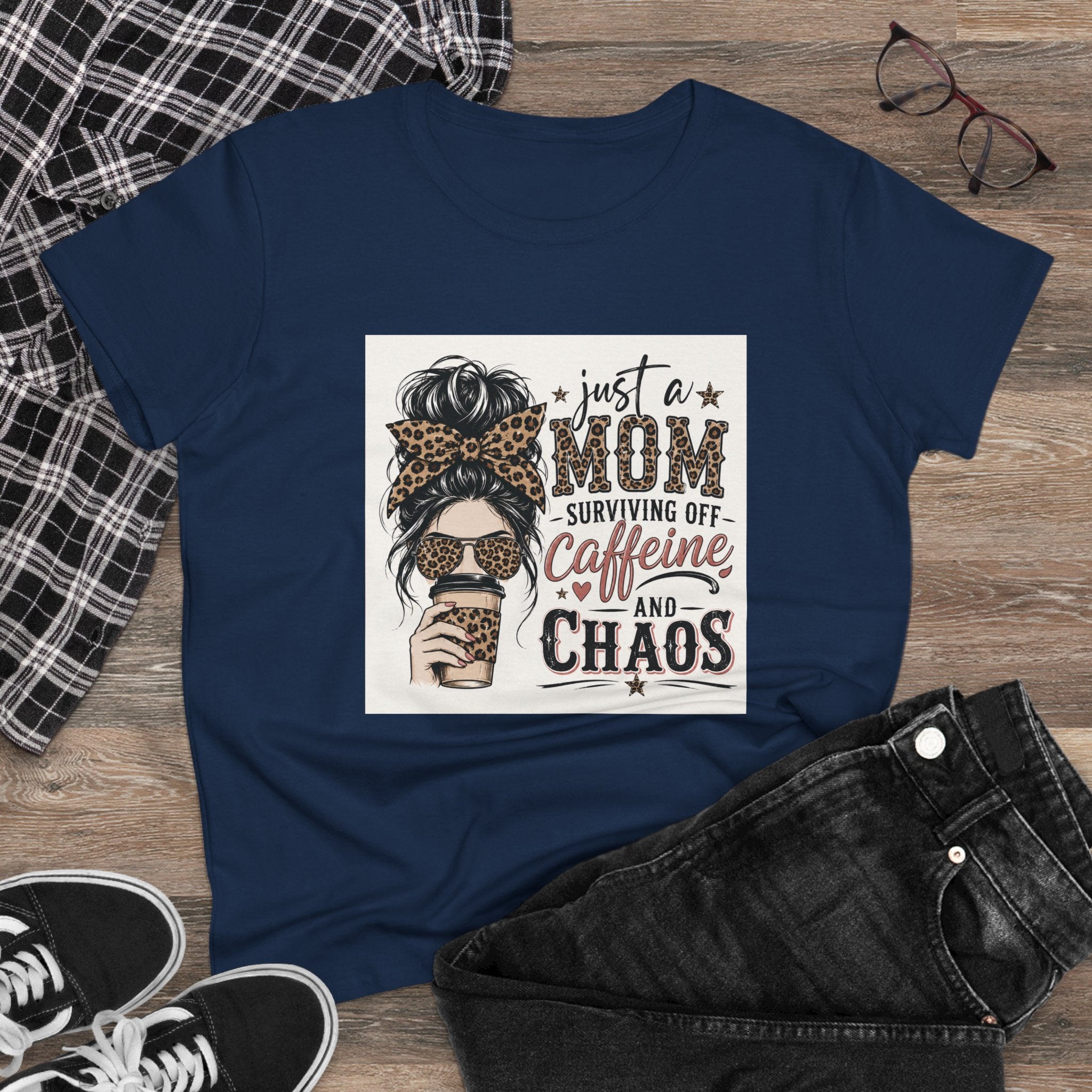 Just a Mom Surviving Off Caffeine and Chaos Tee — Women's Mom Life Cotton T‑Shirt
