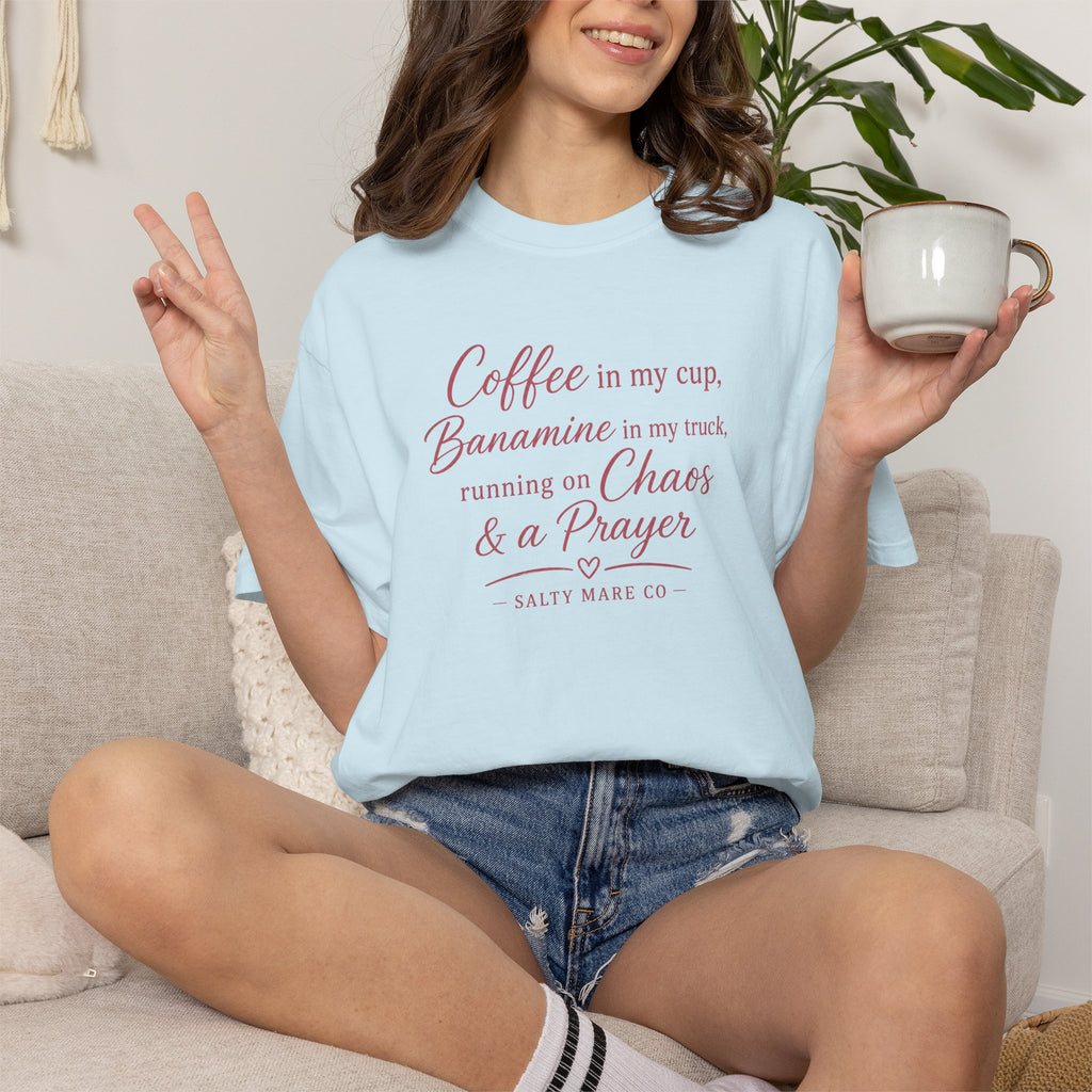 Coffee, Bananamine & Prayer T-Shirt — Funny Mom Chaos Quote Tee