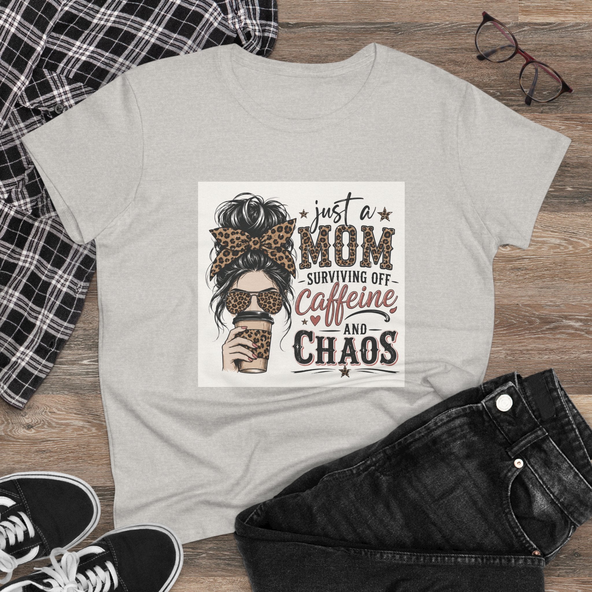 Just a Mom Surviving Off Caffeine and Chaos Tee — Women's Mom Life Cotton T‑Shirt