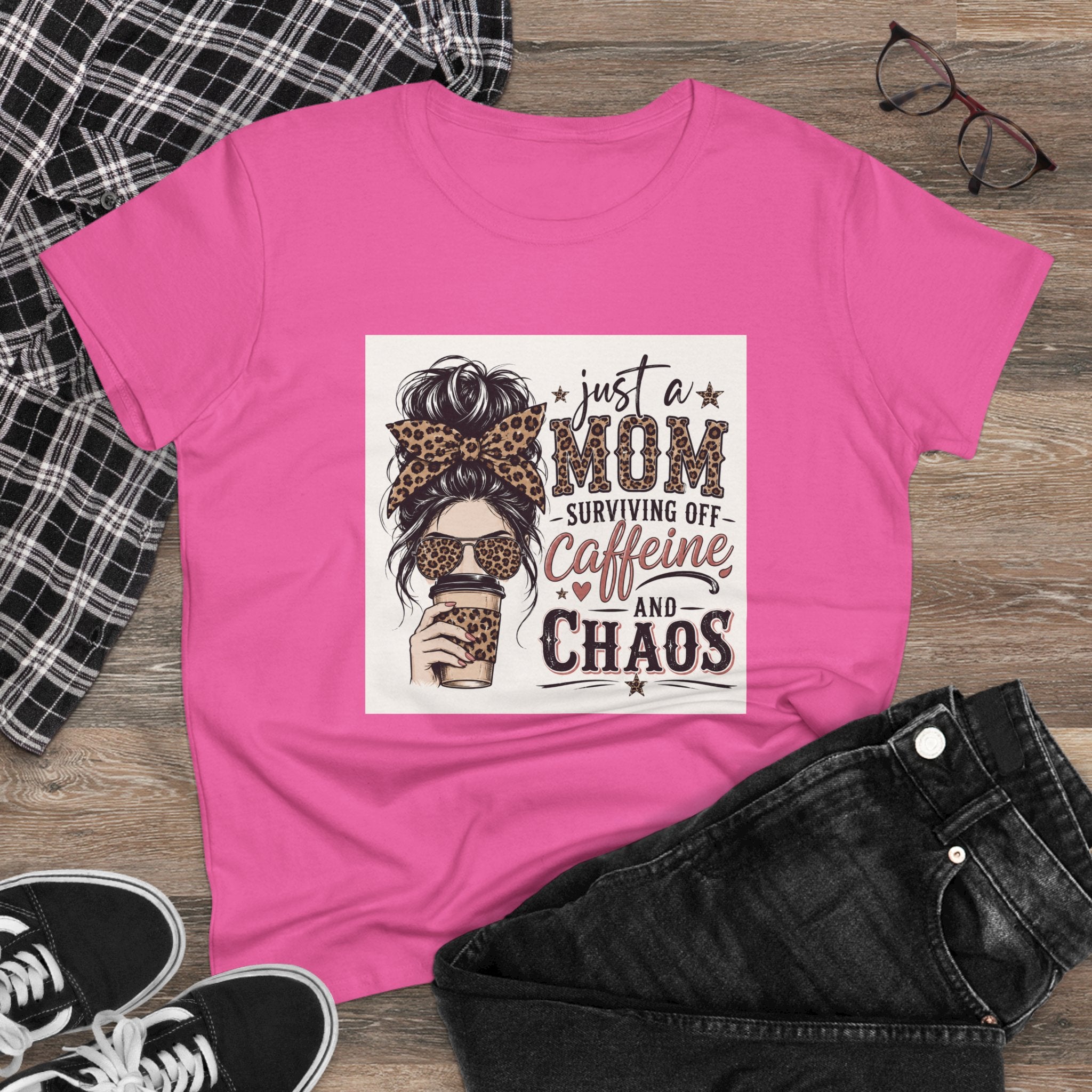 Just a Mom Surviving Off Caffeine and Chaos Tee — Women's Mom Life Cotton T‑Shirt