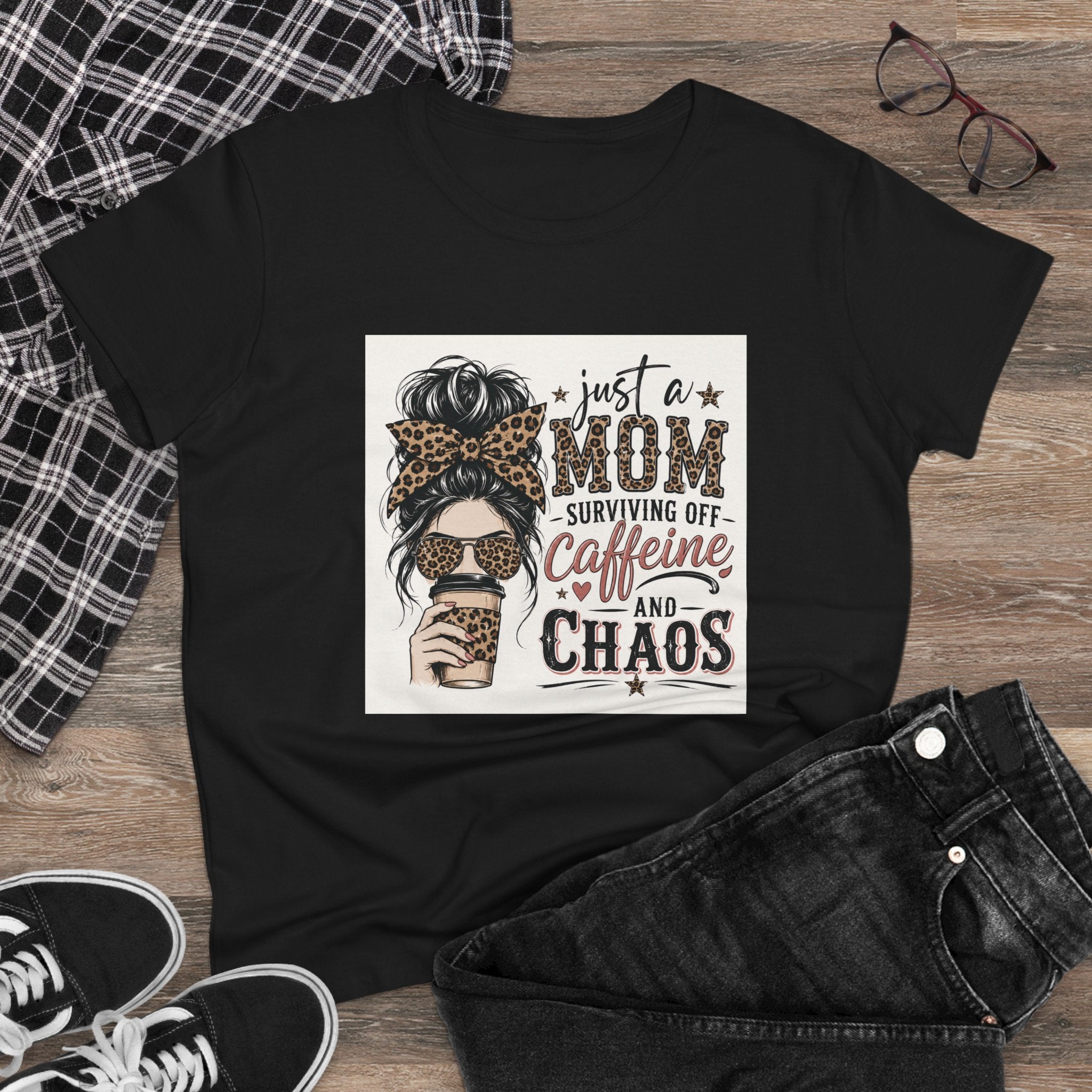 Just a Mom Surviving Off Caffeine and Chaos Tee — Women's Mom Life Cotton T‑Shirt