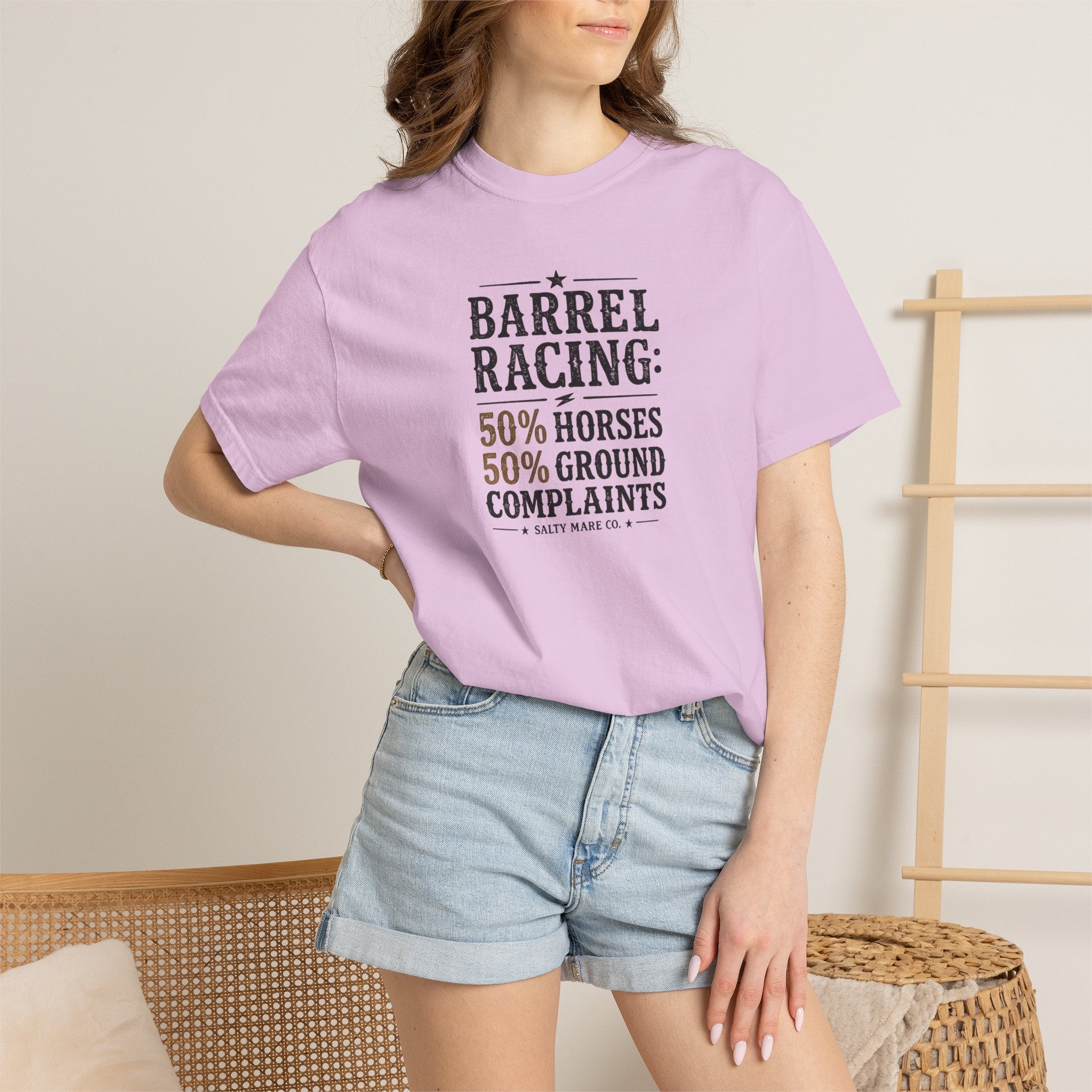 "50% Horses, 50% Ground Complaints" Funny Barrel Racing T-Shirt