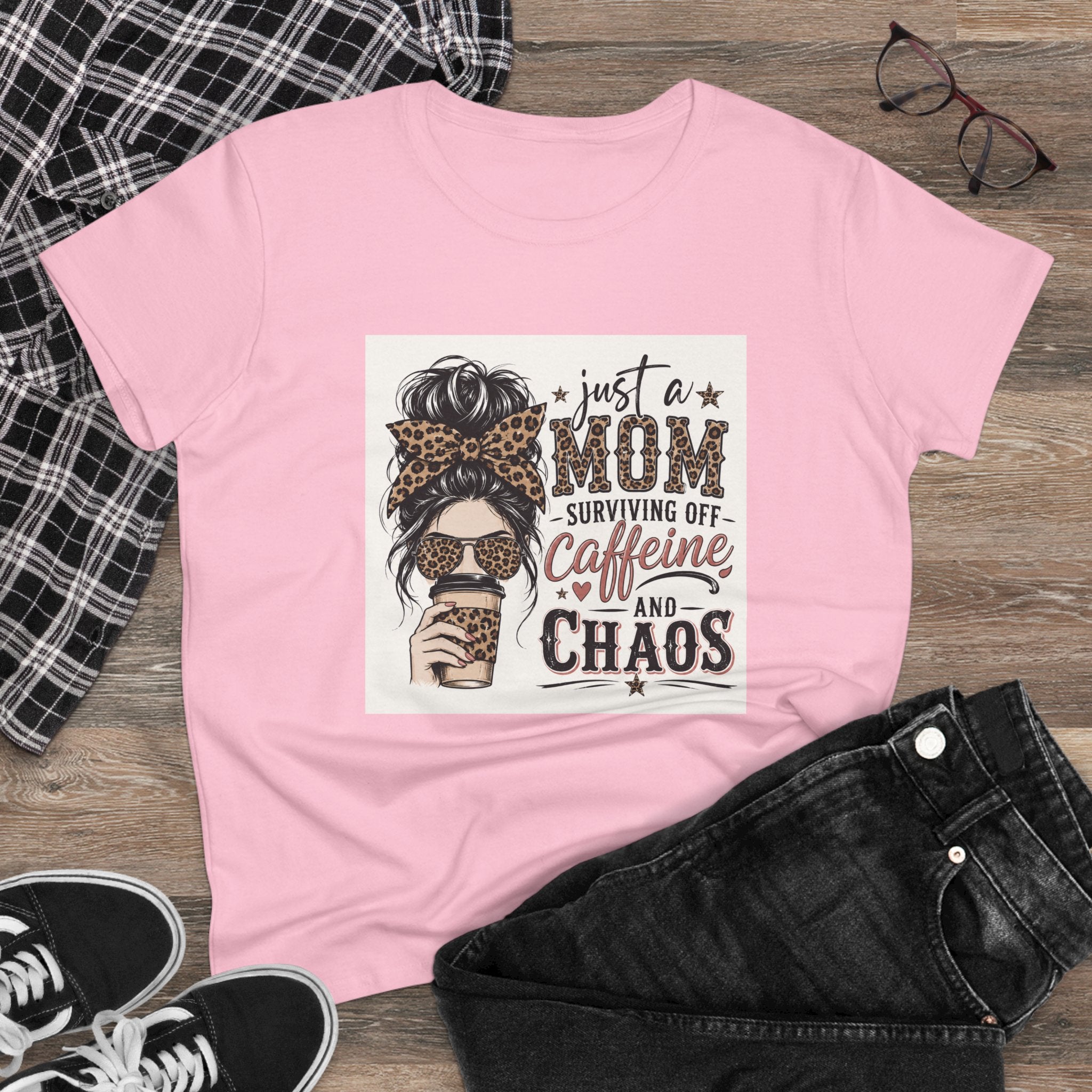 Just a Mom Surviving Off Caffeine and Chaos Tee — Women's Mom Life Cotton T‑Shirt
