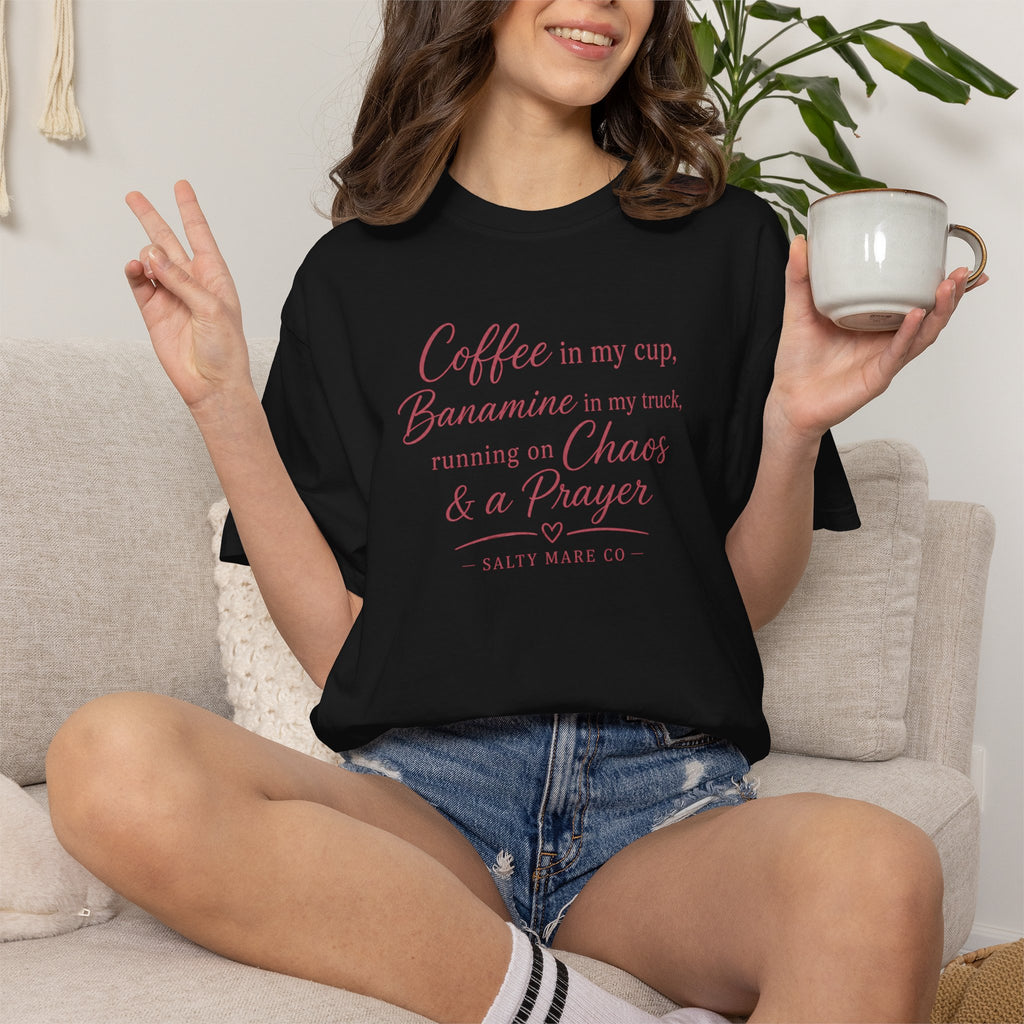 Coffee, Bananamine & Prayer T-Shirt — Funny Mom Chaos Quote Tee