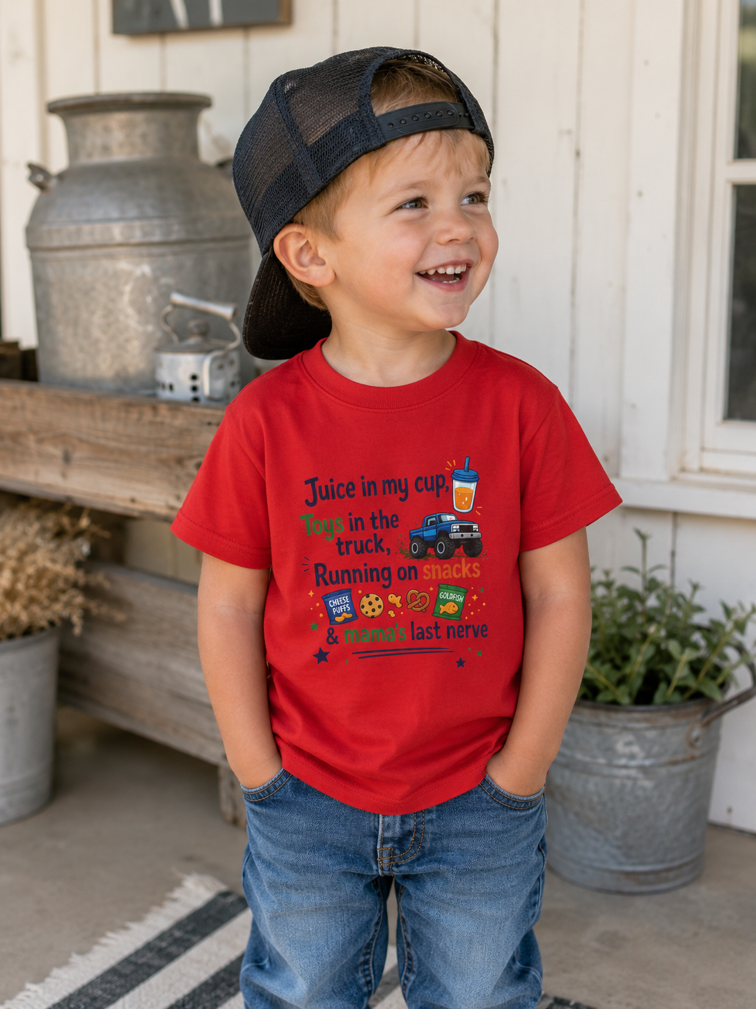 Toddler T-Shirt — "Juice in My Cup, Toys in the Truck" Cute Kids Graphic Tee