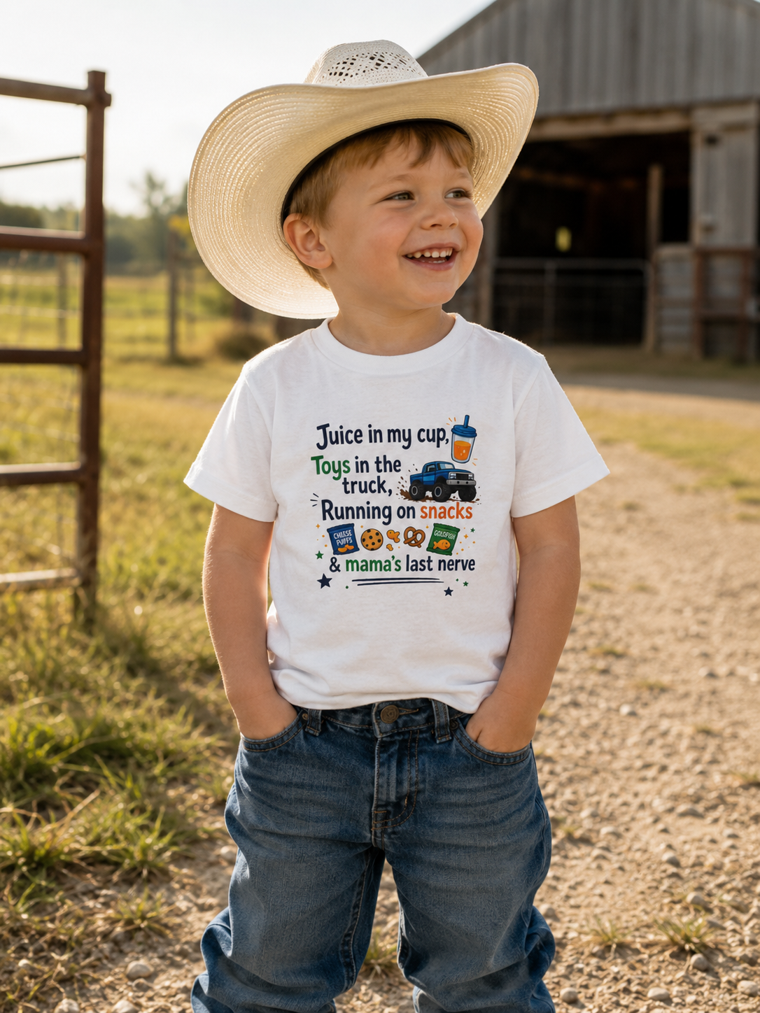 Toddler T-Shirt — "Juice in My Cup, Toys in the Truck" Cute Kids Graphic Tee