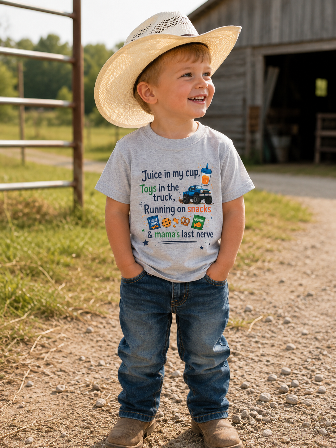 Toddler T-Shirt — "Juice in My Cup, Toys in the Truck" Cute Kids Graphic Tee