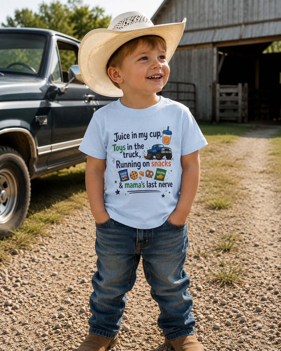 Toddler T-Shirt — "Juice in My Cup, Toys in the Truck" Cute Kids Graphic Tee