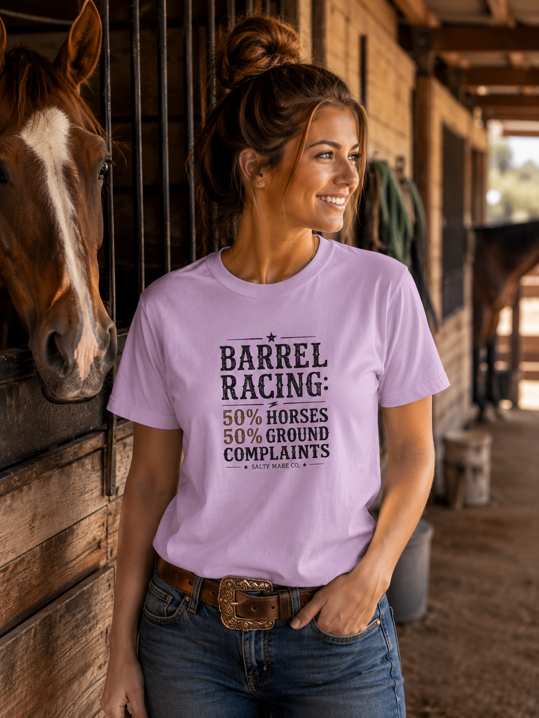 "50% Horses, 50% Ground Complaints" Funny Barrel Racing T-Shirt