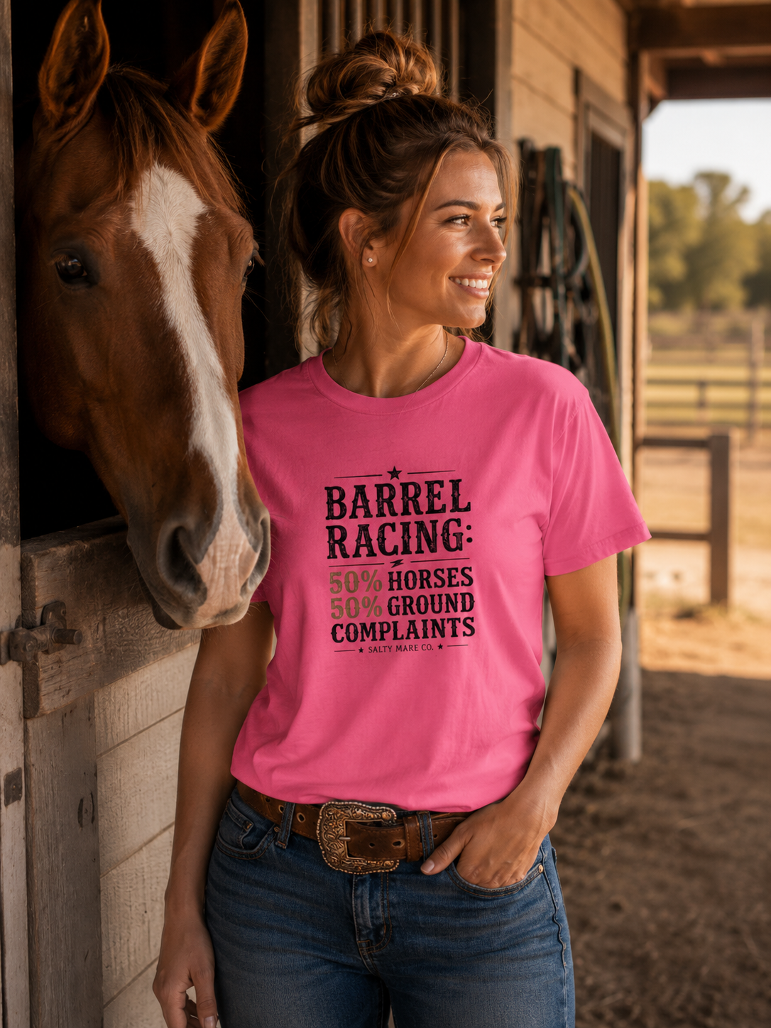 "50% Horses, 50% Ground Complaints" Funny Barrel Racing T-Shirt
