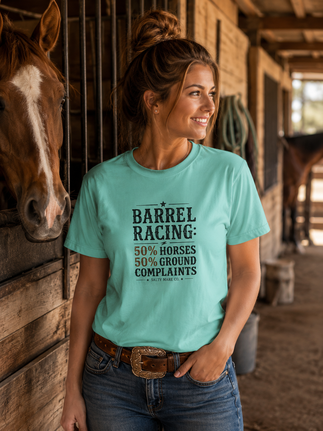 "50% Horses, 50% Ground Complaints" Funny Barrel Racing T-Shirt