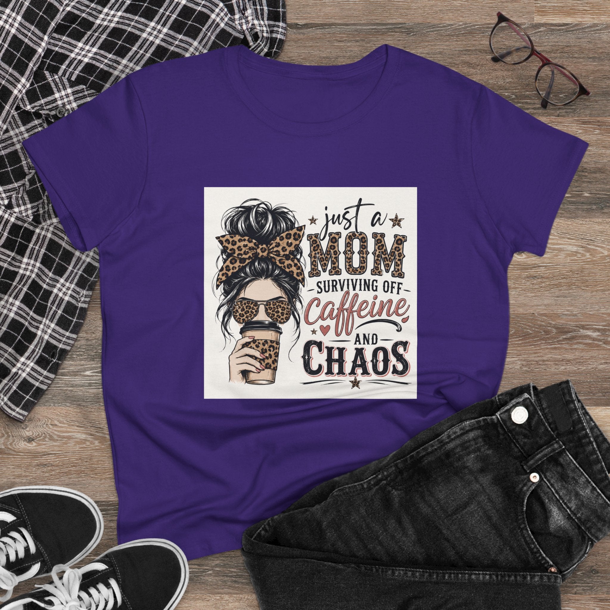 Just a Mom Surviving Off Caffeine and Chaos Tee — Women's Mom Life Cotton T‑Shirt