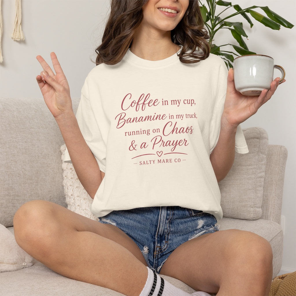 Coffee, Bananamine & Prayer T-Shirt — Funny Mom Chaos Quote Tee