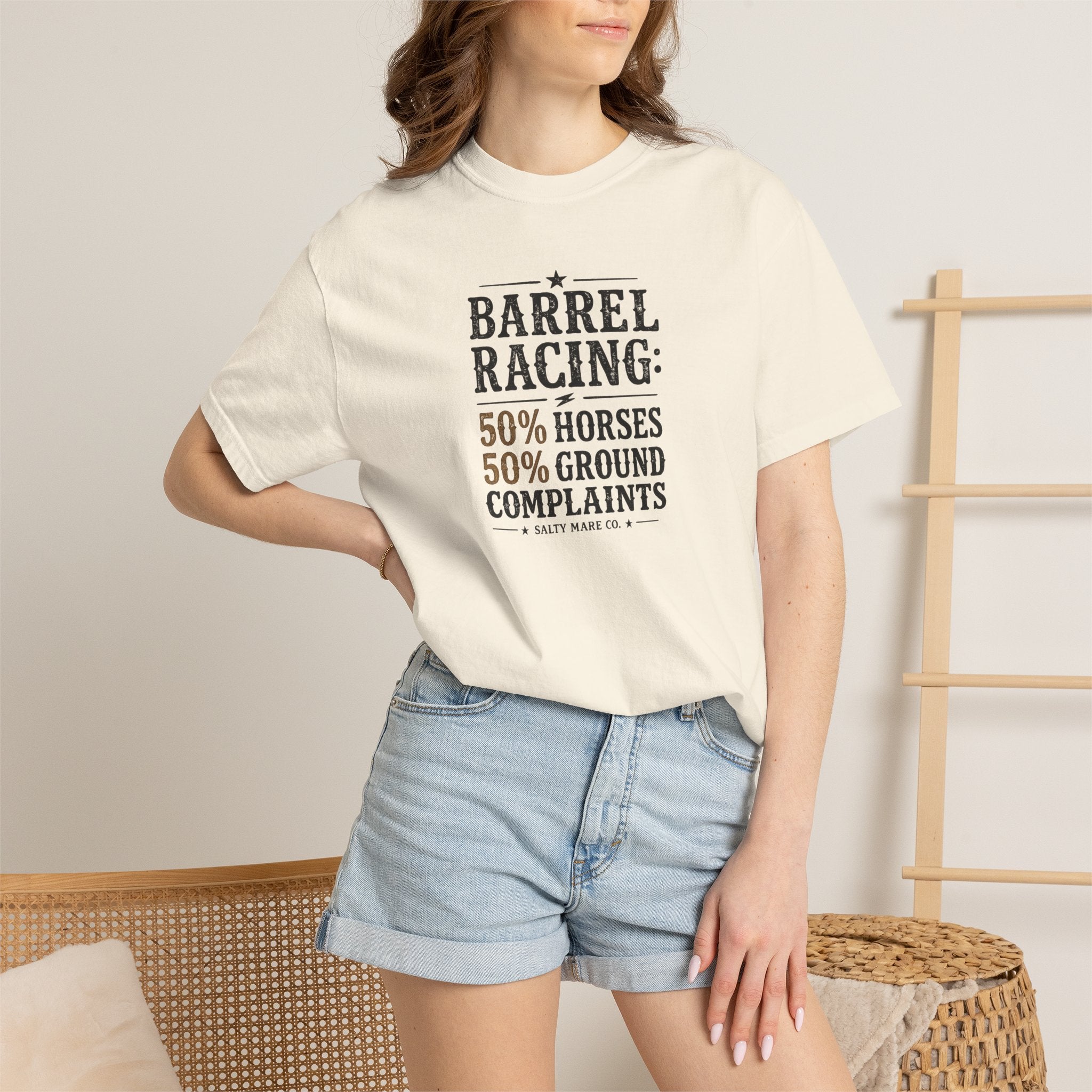 "50% Horses, 50% Ground Complaints" Funny Barrel Racing T-Shirt