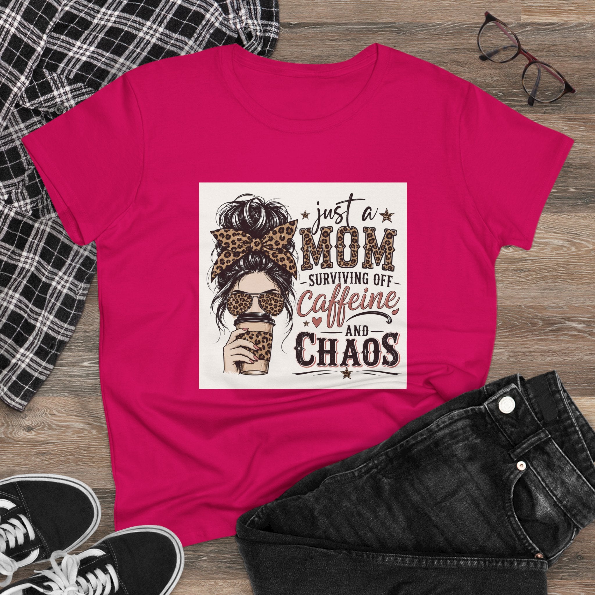 Just a Mom Surviving Off Caffeine and Chaos Tee — Women's Mom Life Cotton T‑Shirt