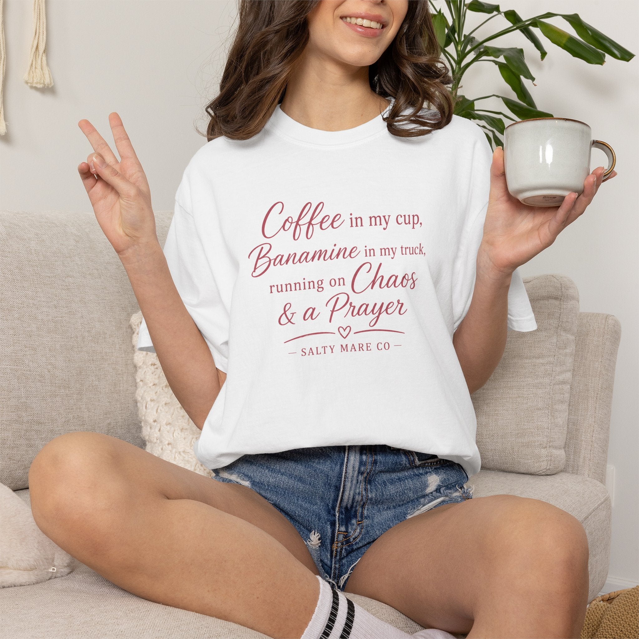 Coffee, Bananamine & Prayer T-Shirt — Funny Mom Chaos Quote Tee