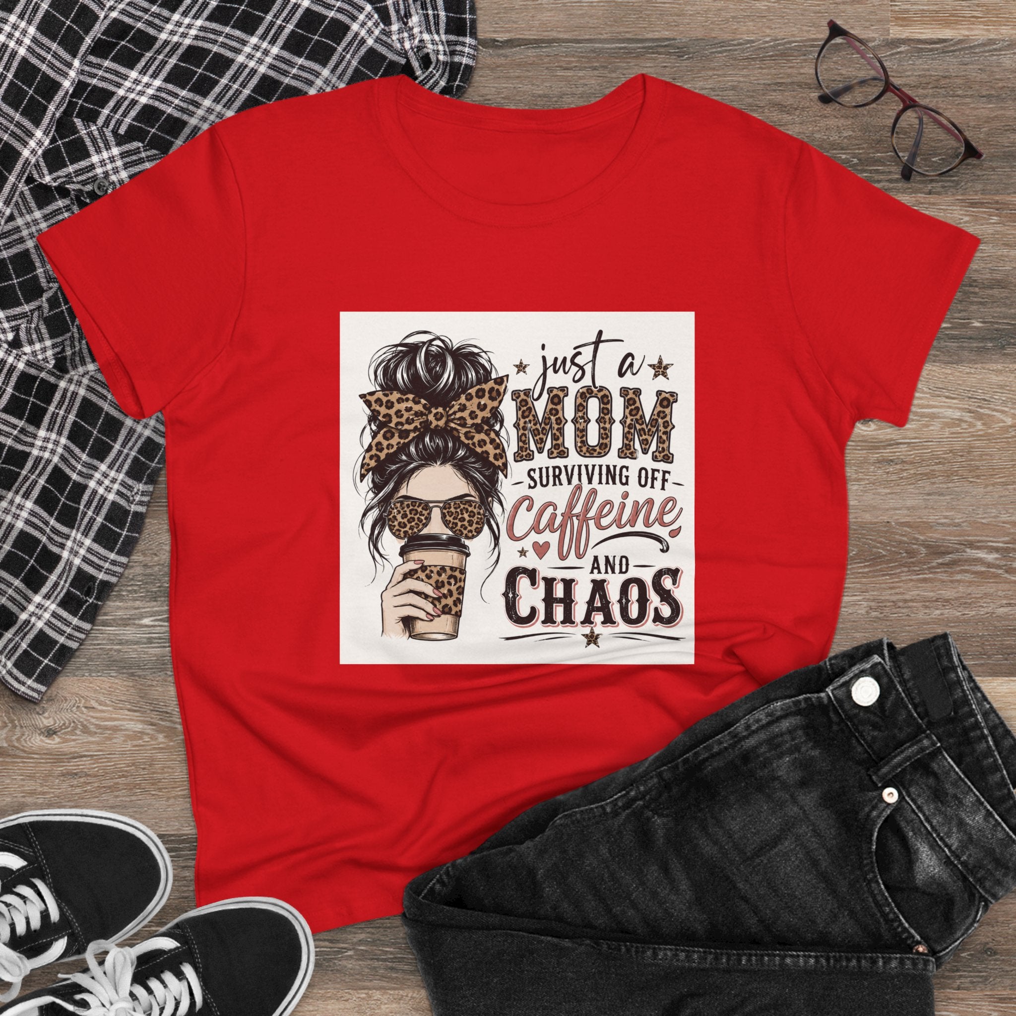 Just a Mom Surviving Off Caffeine and Chaos Tee — Women's Mom Life Cotton T‑Shirt