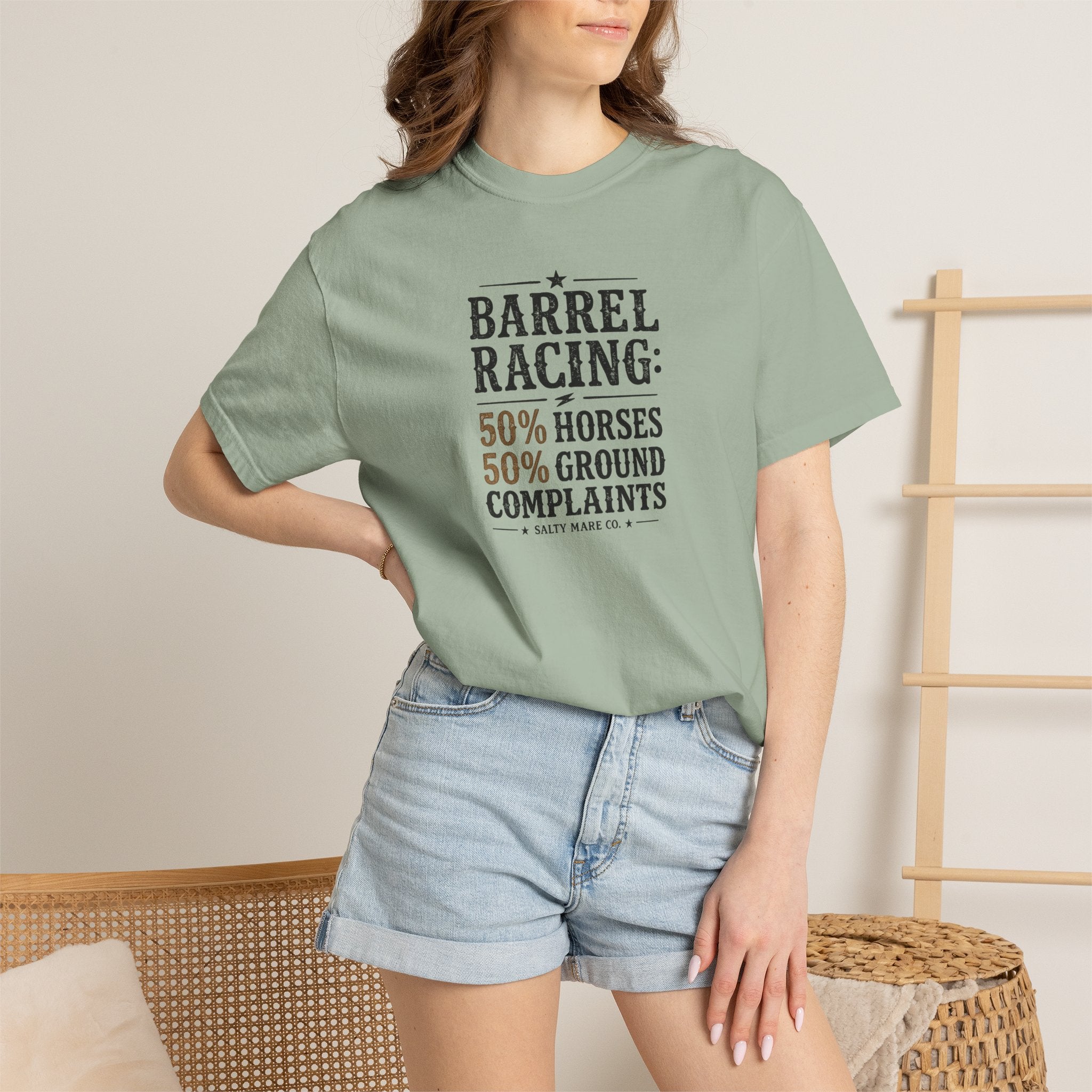"50% Horses, 50% Ground Complaints" Funny Barrel Racing T-Shirt