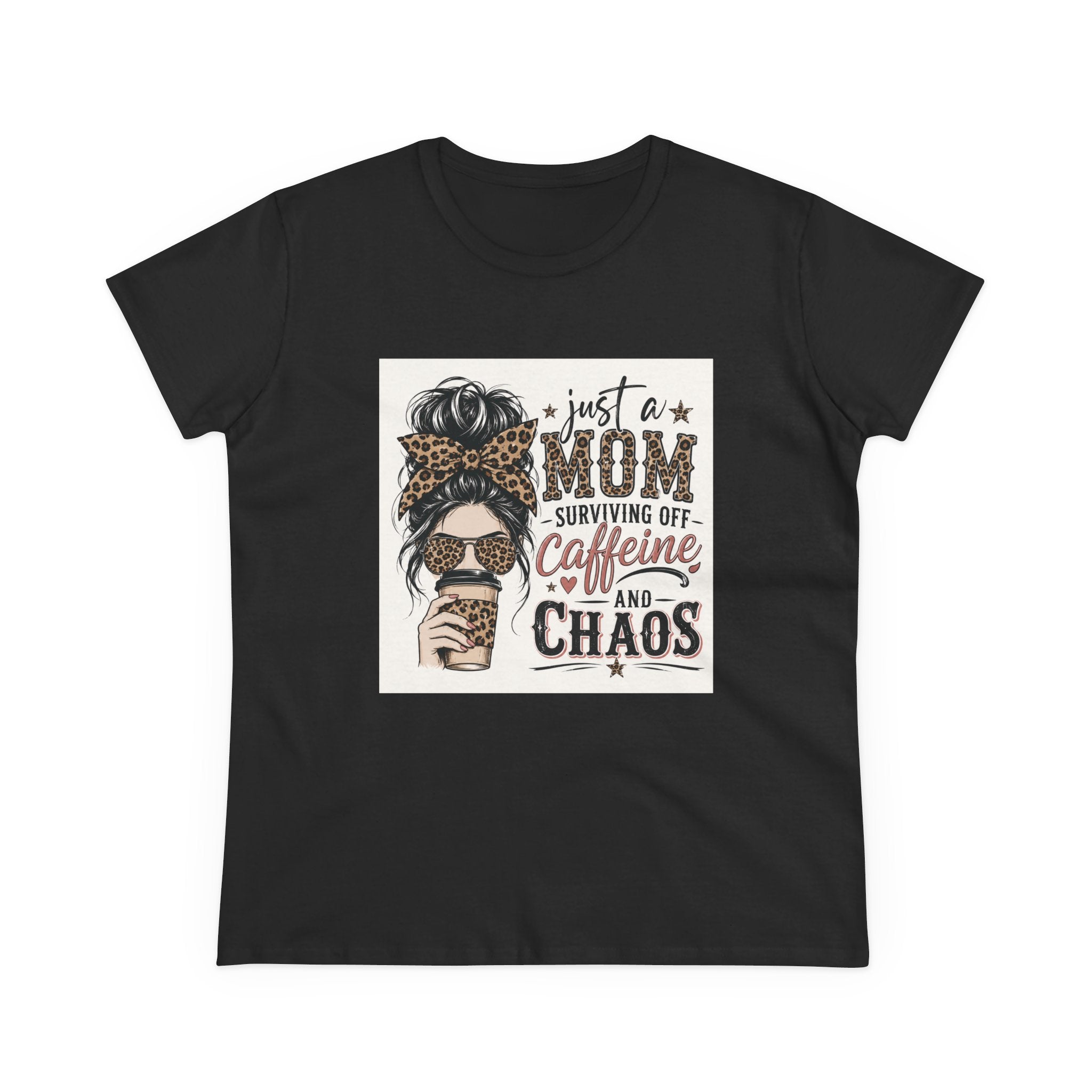 Just a Mom Surviving Off Caffeine and Chaos Tee — Women's Mom Life Cotton T‑Shirt