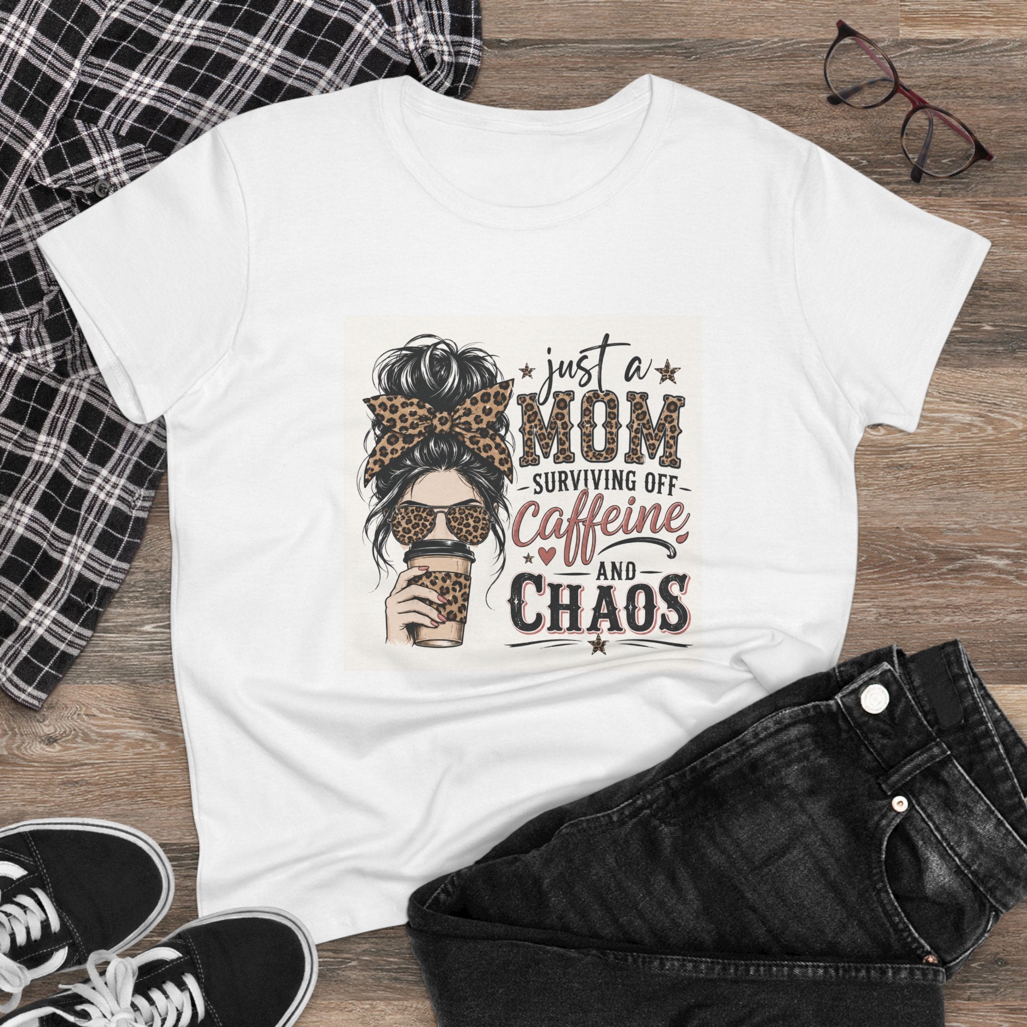 Just a Mom Surviving Off Caffeine and Chaos Tee — Women's Mom Life Cotton T‑Shirt