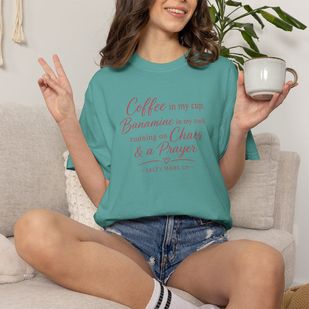 Coffee, Bananamine & Prayer T-Shirt — Funny Mom Chaos Quote Tee